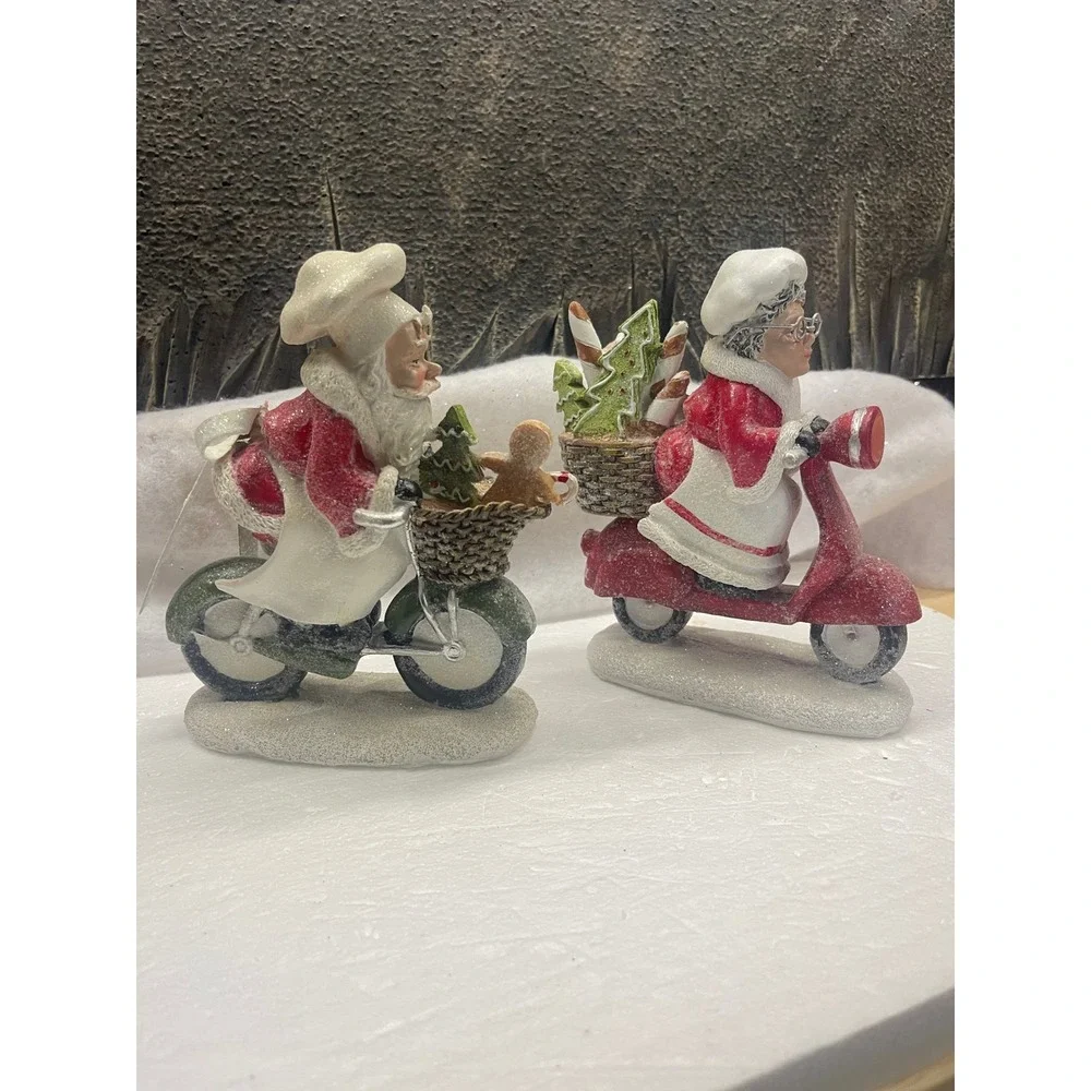 Valerie Parr Hill Santa and Mrs Claus Chef on Scooter Motorcycle Figurines Set